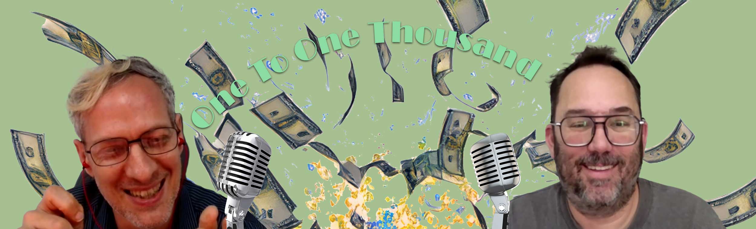 The two hosts laughing behind vintage microphones while dollar bills fly around them